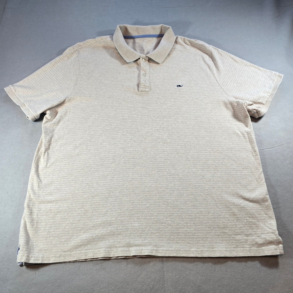 Vineyard Vines Mens XL Polo Shirt Tan White Striped Short Sleeve Cotton Blend